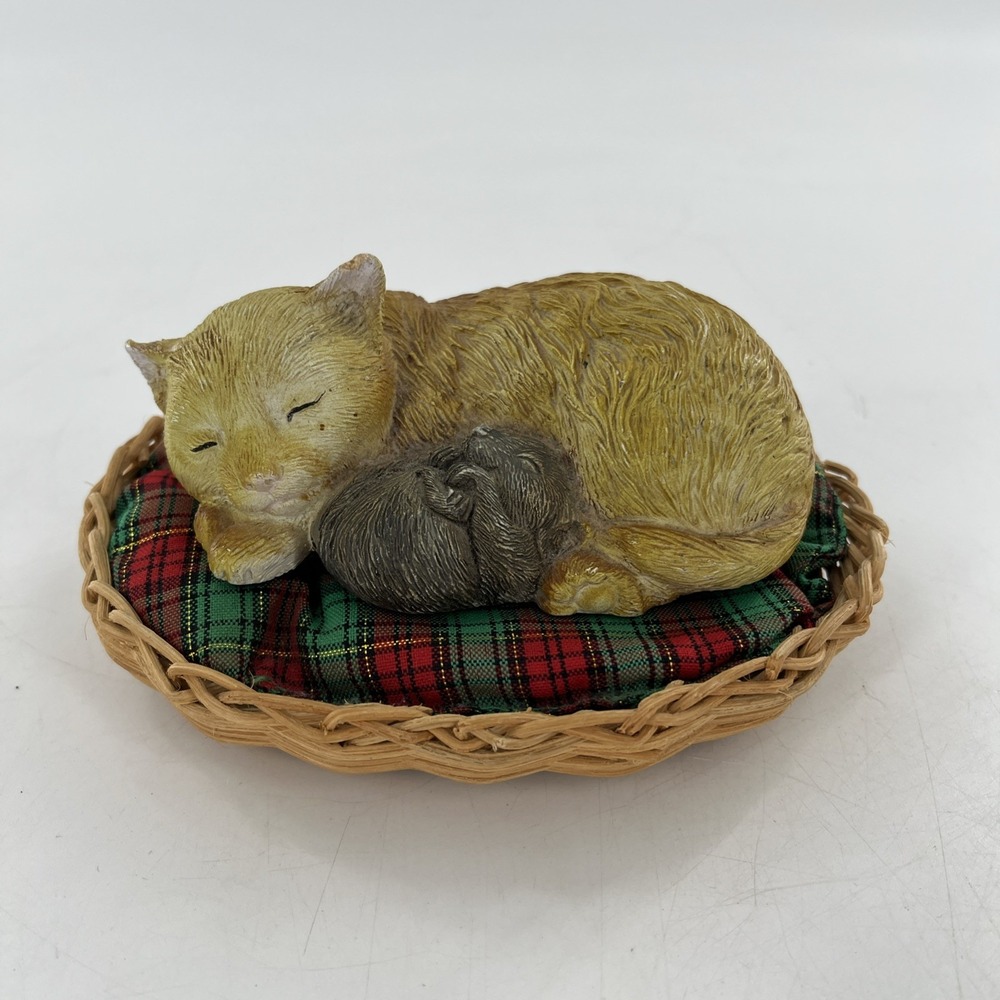 Sleeping Cat Figurine Sculpt Statue Orange Tabby Curl Mouse Plaid Basket Bed, 5"